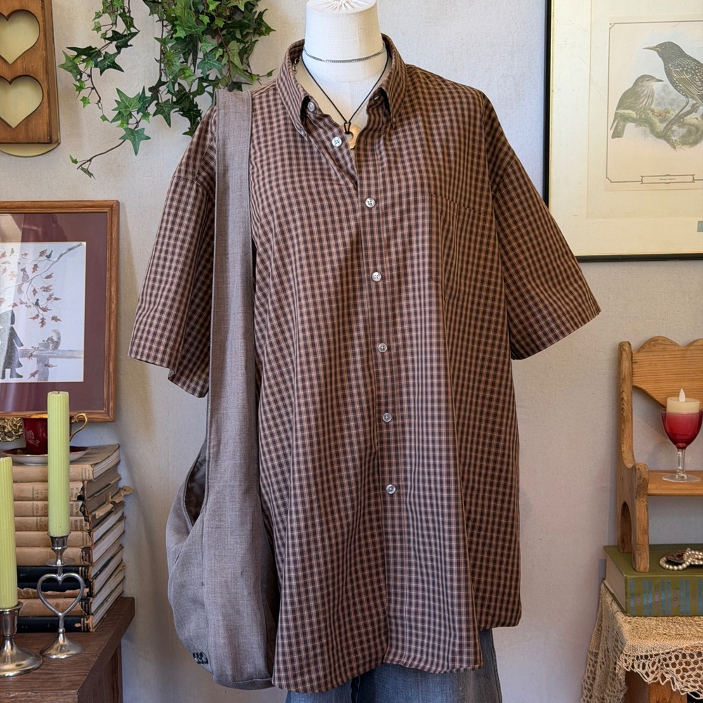 Brown Plaid Oversized Button Down Shirt Dark Academia Vintage XXL Indie Grunge